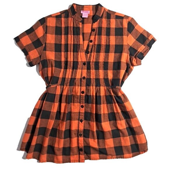 She's Cool Tie Back Top Buttom Down Plaid Pattern Size L Short Sleeve Multicolor - Picture 1 of 6